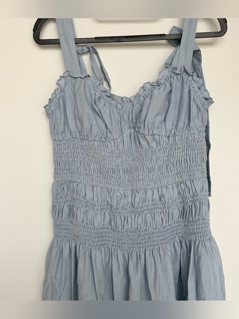 Moon River Anthropologie Shirred Midi Dress Blue Ribbon Tie Straps Ruffle Large - Picture 7 of 13